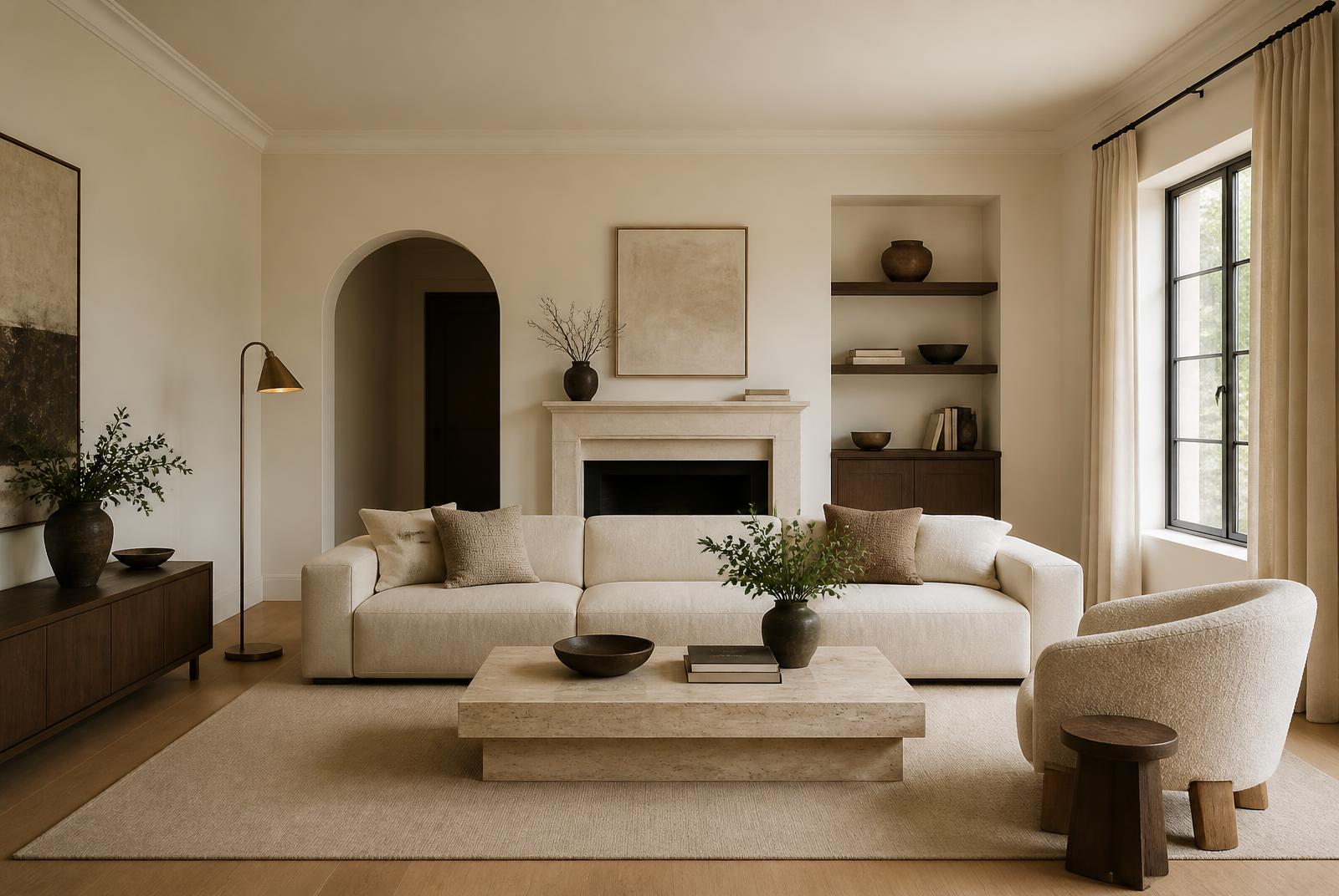Living room of the Kado Residence in warm ivory and oak