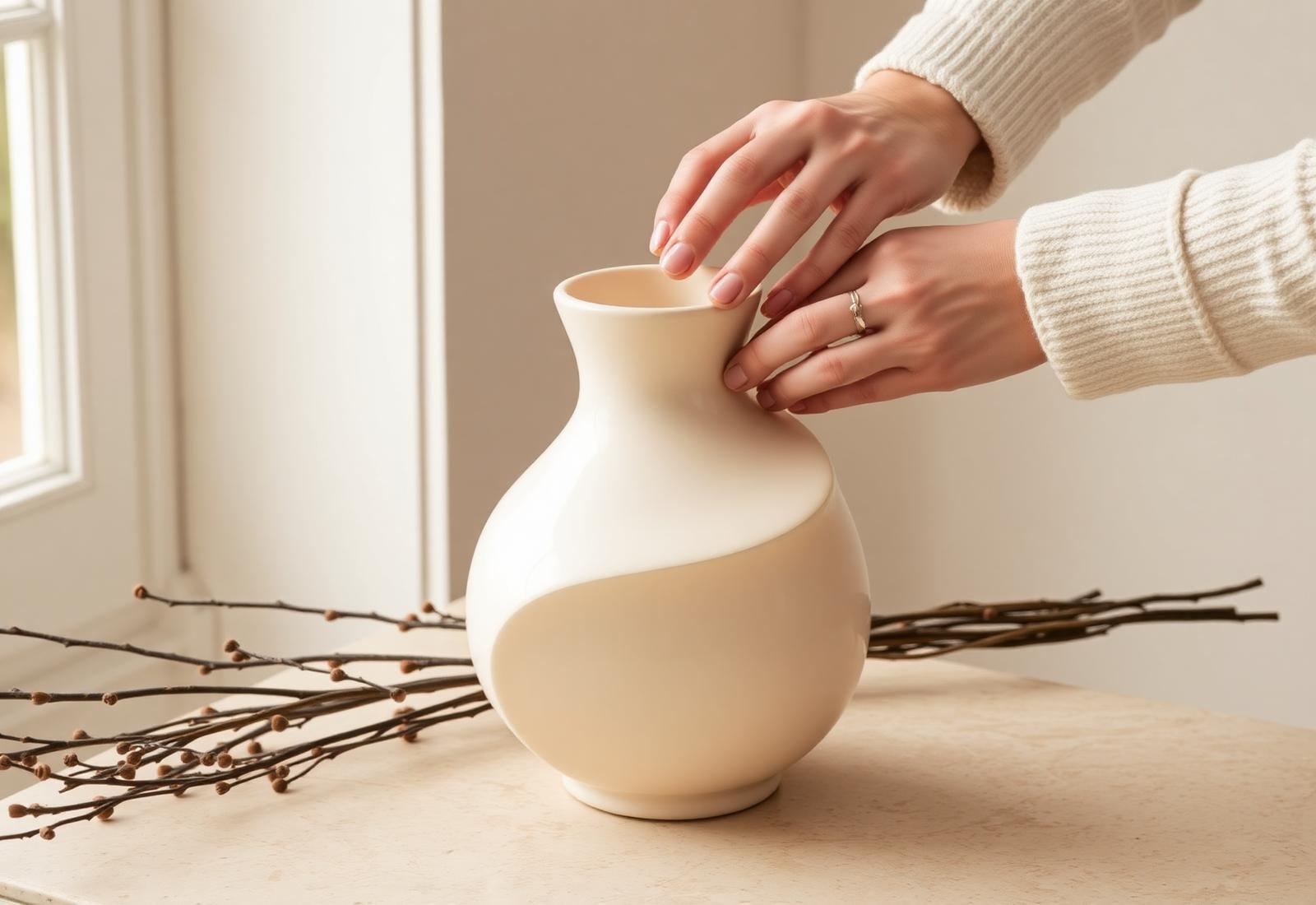Hands styling a sculptural cream vase