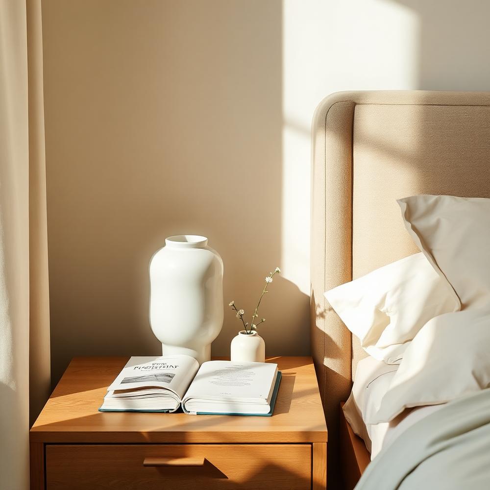 Styled bedside table with a ceramic lamp and small vase