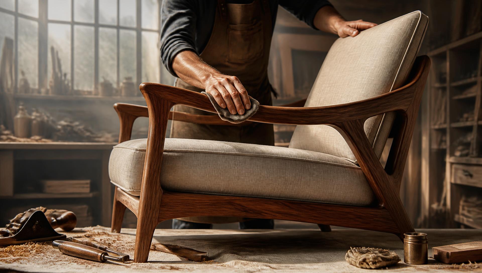 An artisan finishing a made-to-order armchair in the Atelier Maison workshop