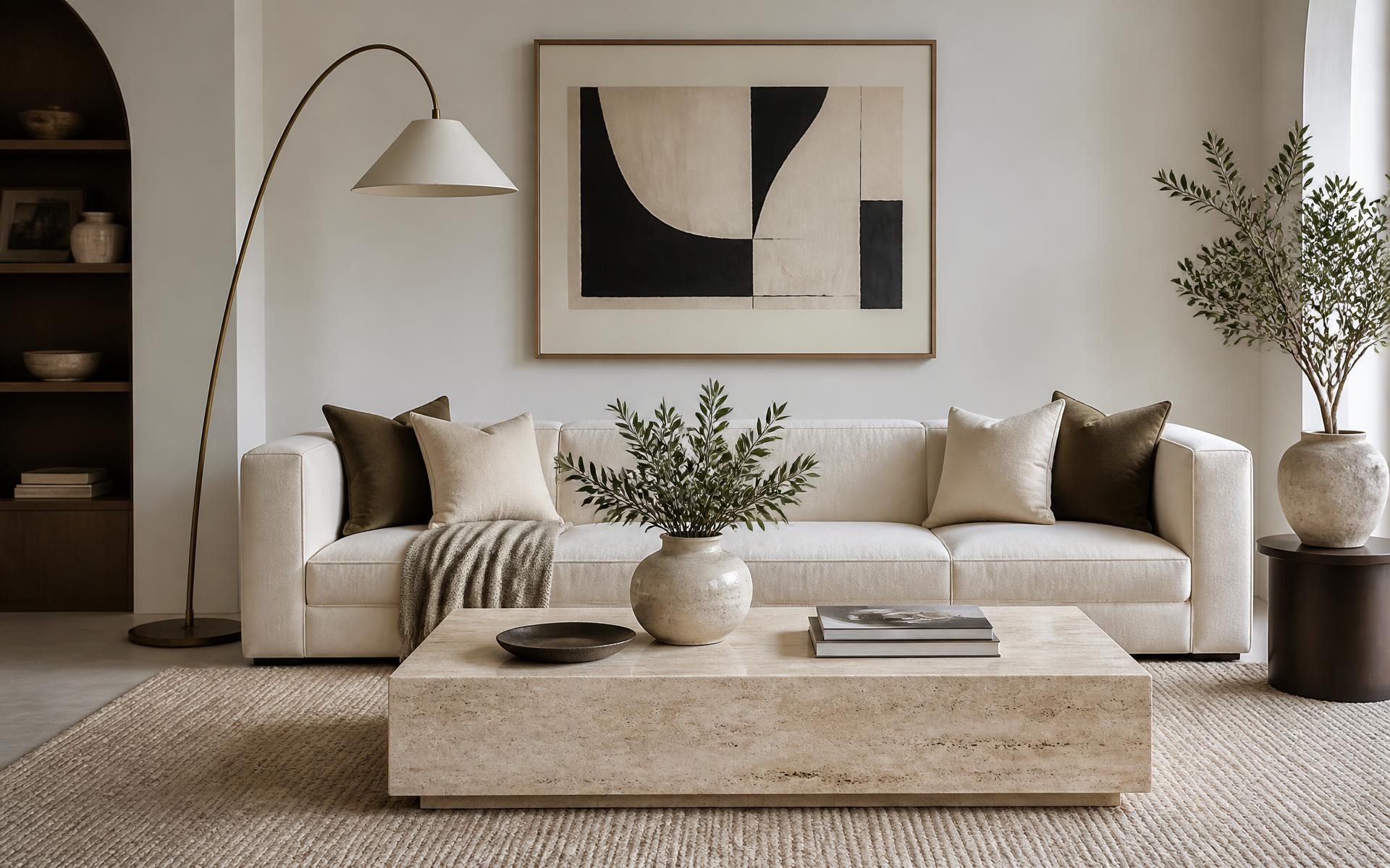A styled Atelier Maison living room with a linen sofa, travertine coffee table and abstract artwork